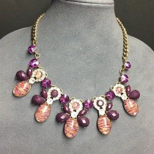 Glam Statement Necklace Gold Chain Purple Swirl Marbled Sparkle Retro Bling